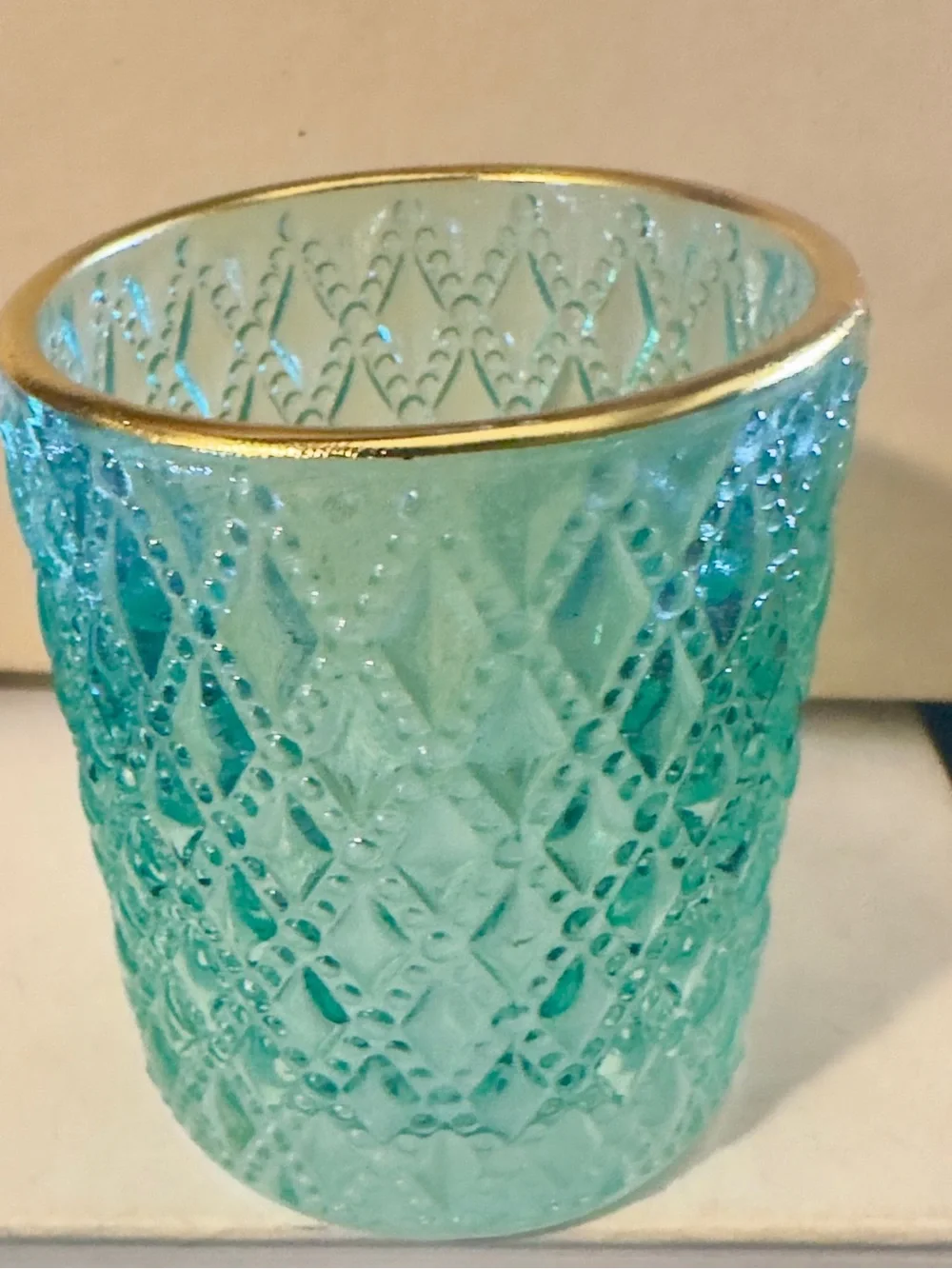 Teal Textured Glass Candle Holder with Gold Rim